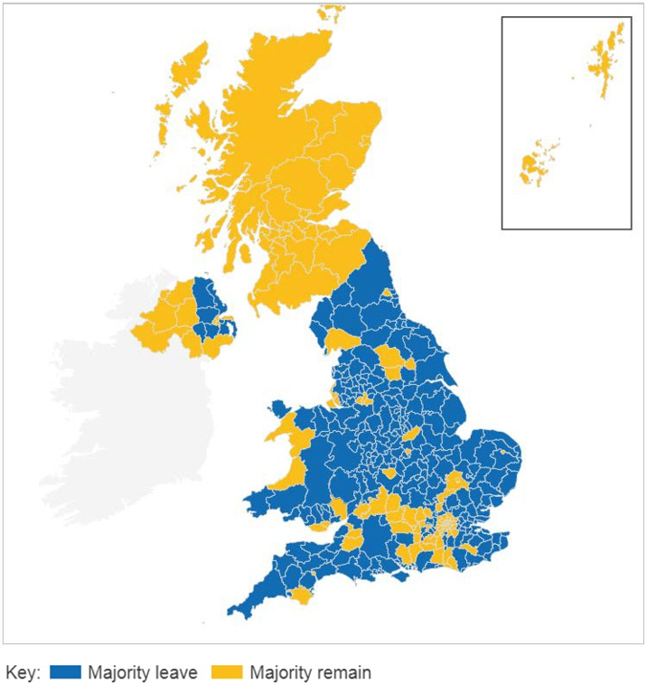 A map of Britain showing the majority distributions for the Brexit vote