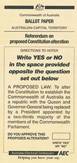 An image of the ballot paper from the 1999 referendum for Australia to become a republic