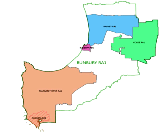 Diagram of Bunbury radio licence area in Western Australia