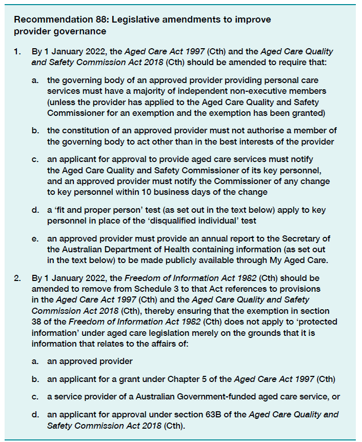 screenshot of text outlining royal commission's recommendation 88