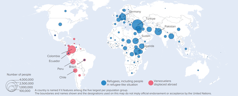 map graphic showing Refugees, people in refugee-like situations and Venezuelans displaced abroad, end of 2021