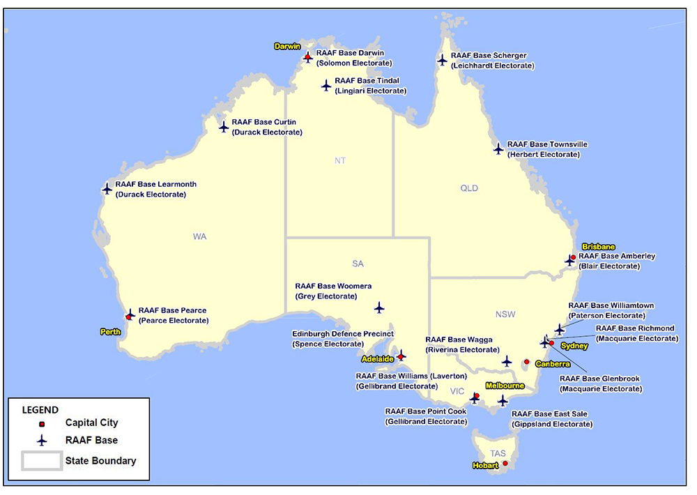 Map of Australia showing RAAF base locations