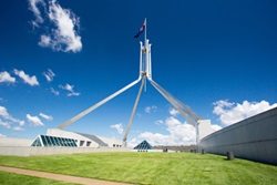 Roof and flag of the Parliament of Australia in Canberra