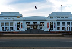 The main entrance to the Old Parliament House now serving as a Democracy Museum in the Nations Capitol.