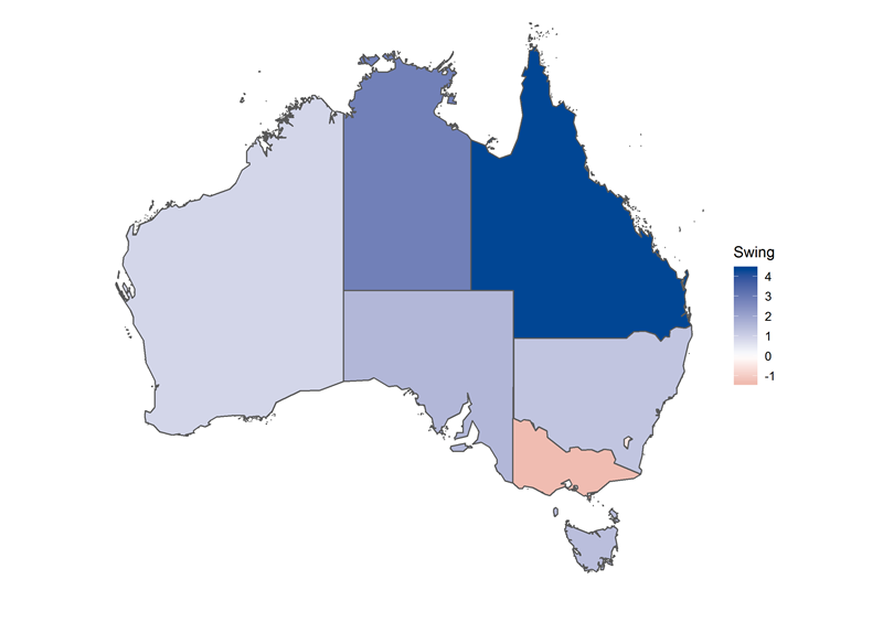 Figure 3: map of Australia showing two-party preferred swing to Coalition by state, 2019 federal election