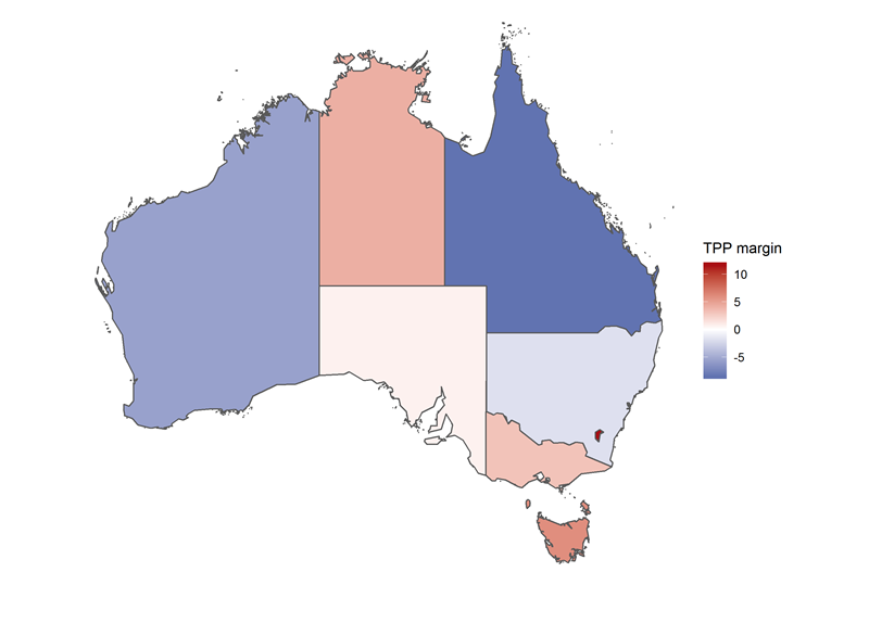 Figure 2: map of Australia showing two-party preferred margin by state, 2019 federal election