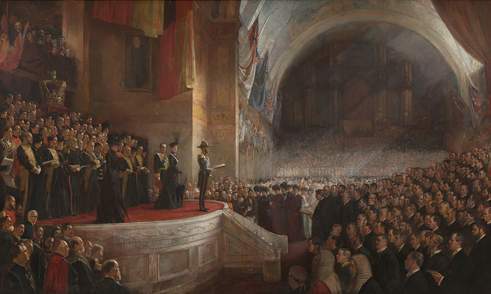 Opening of the First Parliament of the Commonwealth of Australia by H.R.H. The Duke of Cornwall and York (Later King George V), May 9, 1901 (1903) by Tom Roberts (1856–1931), on permanent loan to the Parliament of Australia from the British Royal Collection