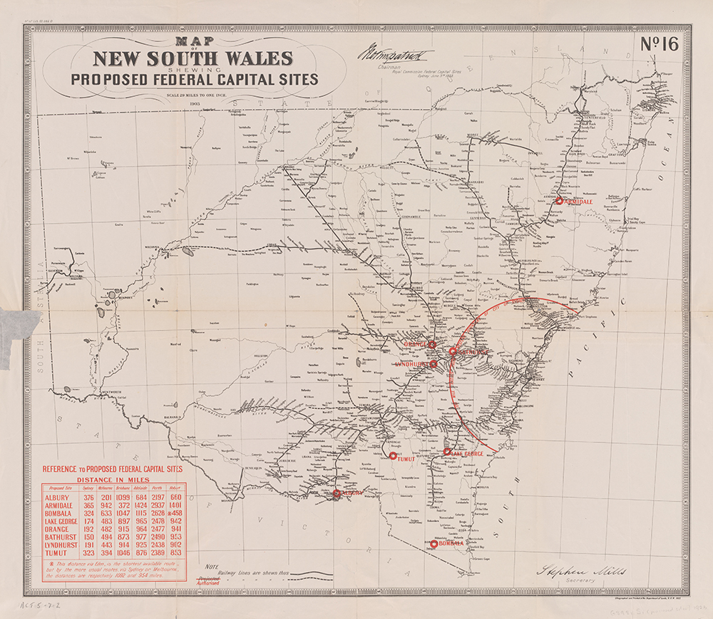Map of New South Wales showing proposed Federal Capital sites, No. 16 [cartographic material], 1903, National Library of Australia