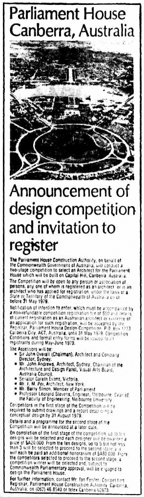 'Announcement of design competition and invitation to register', The Canberra Times, 7 April 1979, 14