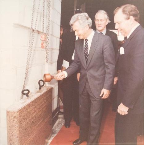Prime Minister Bob Hawke laying the foundation stone with mallet, Parliament House, Parliament House Art Collection