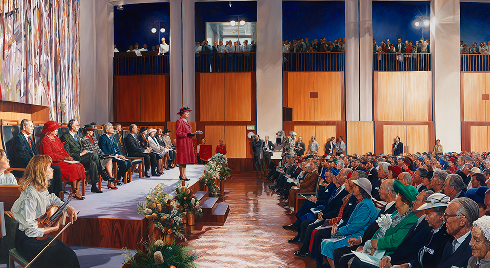 Opening of Parliament House by Her Majesty Queen Elizabeth II on 9 May 1988 (1994), by Marcus Beilby (1951)  Historic Memorials Collection, Parliament House Art Collection