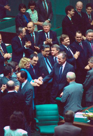 President George Bush meeting members of Parliament in the House of Representatives chamber, 1992, National Archives of Australia
