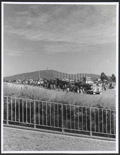 The logger blockade of Parliament House, Canberra, January 1995, some of the trucks in the Forecourt, National Library of Australia