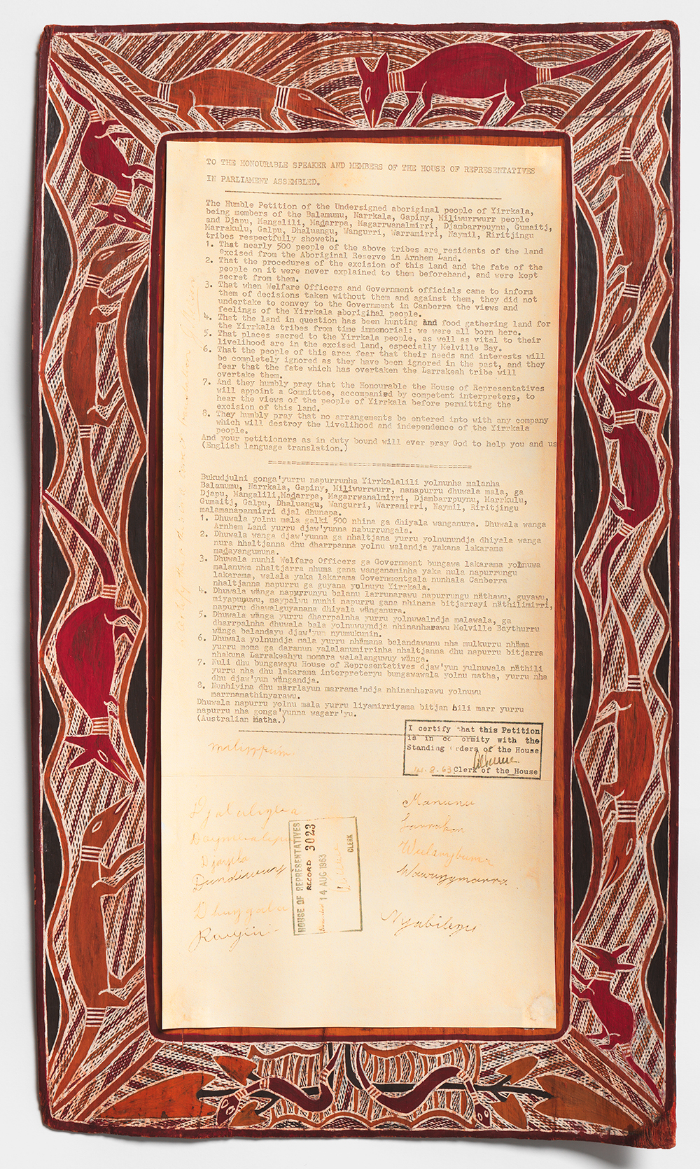 Yirrkala Bark Petition 14.8.1963 (46.9 x 21 cm, natural ochres on bark, ink on paper), by Yirrkala artists, Dhuwa moiety, Parliament House Art Collection