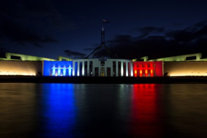 Parliament House illuminated with French Tricolour, Image source: AUSPIC