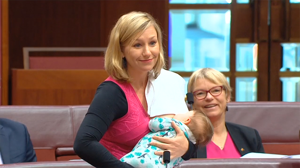 Larissa Waters moves a motion in the Senate while breastfeeding her baby, Image source: ParlView, 22 June 2017