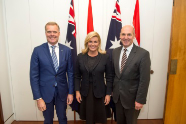 From left: Tony Smith (Speaker of the House of Representatives), Her Excellency, Kolinda Grabar-Kitarovic, and Stephen Parry (President of the Senate) at Parliament House, Image source: AUSPIC