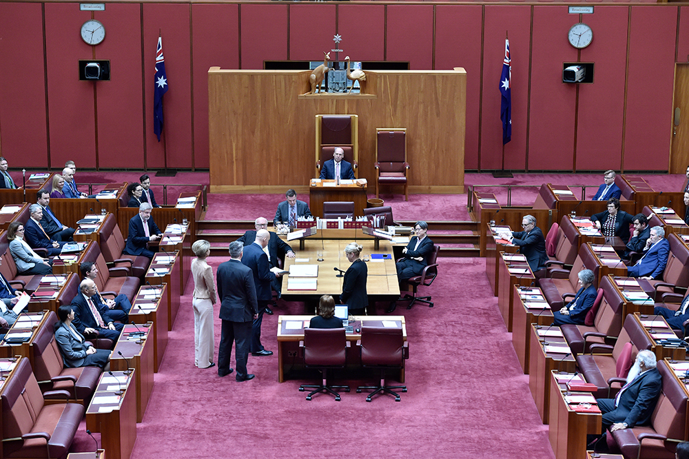 Slade Brockman is escorted into the Senate chamber to take the oath of office by fellow Western Australian Liberal senators Mathias Cormann and Michaelia Cash