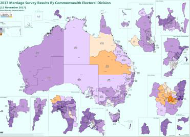Map showing results of the postal survey by electorate, Image source: Parliamentary Library