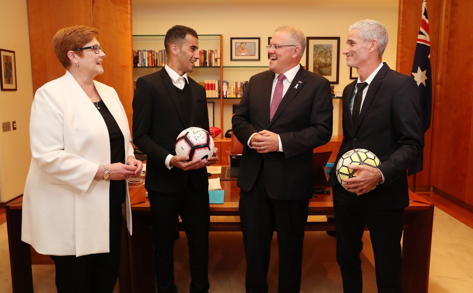 Hakeem al-Araibi meets with the Prime Minister, Foreign Minister and Craig Foster at Parliament House, Image source: Prime Minister Scott Morrison, @ScottMorrisonMP on Twitter