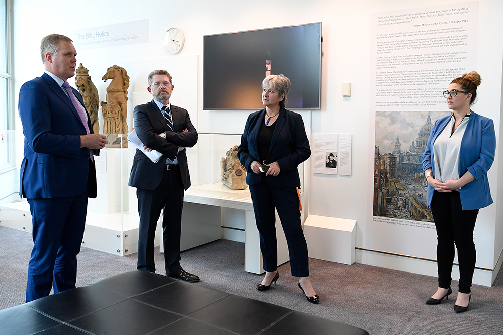 British High Commissioner, Vicki Treadwell, with Speaker Tony Smith, Senate President Scott Ryan and exhibition curator Tania Zora at the opening of the Blitz exhibition, Image source: AUSPIC