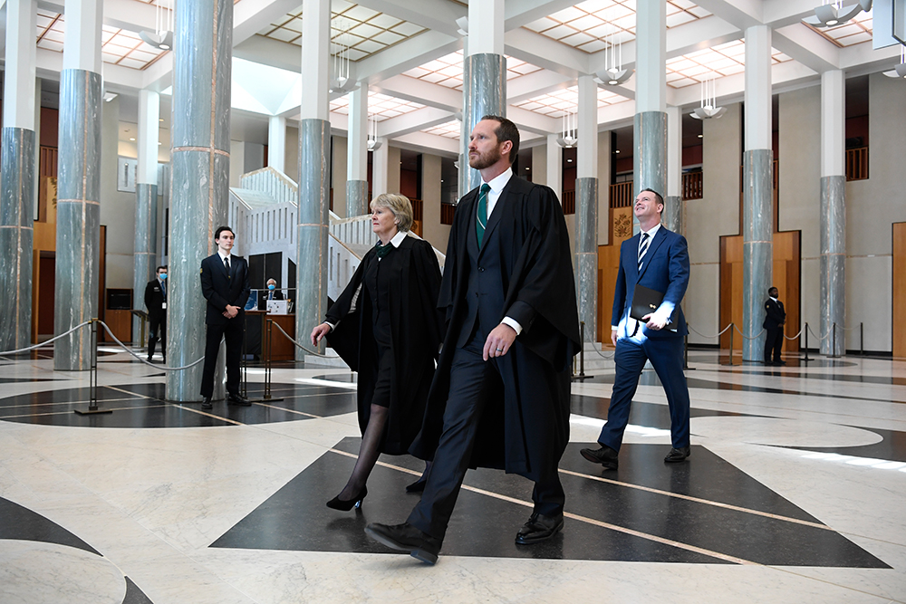 Official Secretary to the Governor-General, Mr Paul Singer MVO, Clerk of the House of Representatives, Claressa Surtees and Deputy Clerk Peter Banson walk through the Marble Foyer for reading of the Proclamation, Image source: AUSPIC