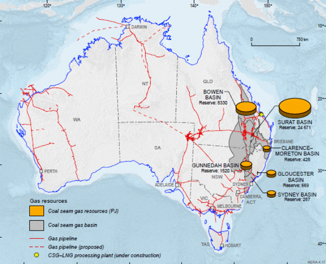 Map 1: Locations of coal seam gas reserves and gas infrastructure