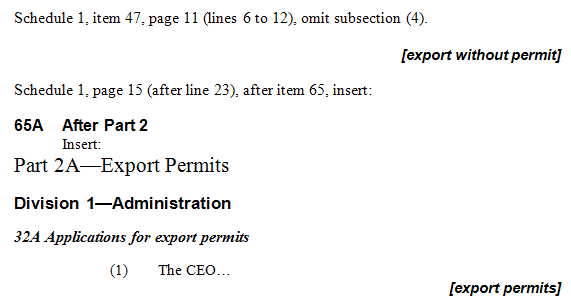 Example of an amendment to an amending bill. Using page and line numbers of the bill (Schedule 1, item 47, page 11 [lines 6 to 12], omit subsection [4]) the action and any new proposed text are then described