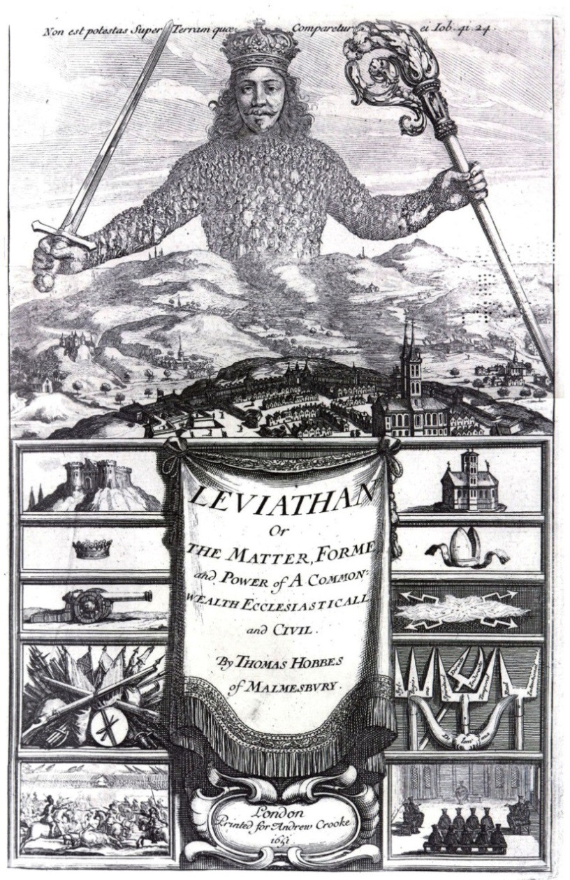 The frontispiece of Hobbes’ book Leviathan (designed with Abraham Bosse) the king is depicted transcending the landscape and city with his body formed by the bodies of citizens. He holds the symbols of force and religion in each hand and the trappings of power below include castles and churches along with weapons, instruments of torture and the Star Chamber.