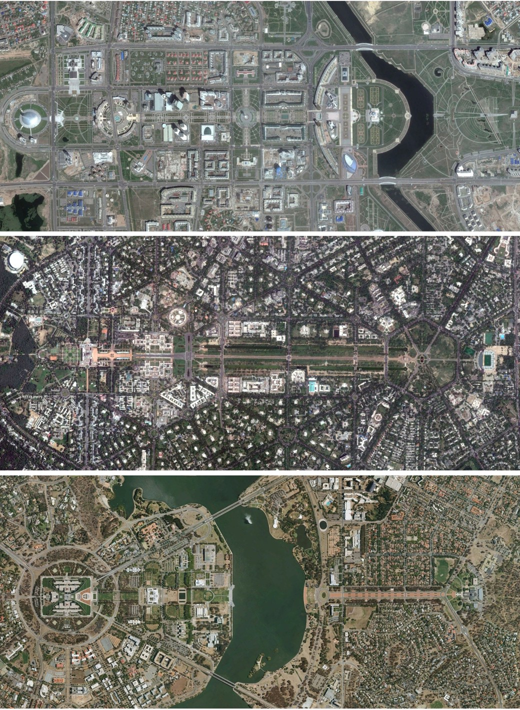 Aerial shots of the Astana, Delhi and Canberra Parliaments. 