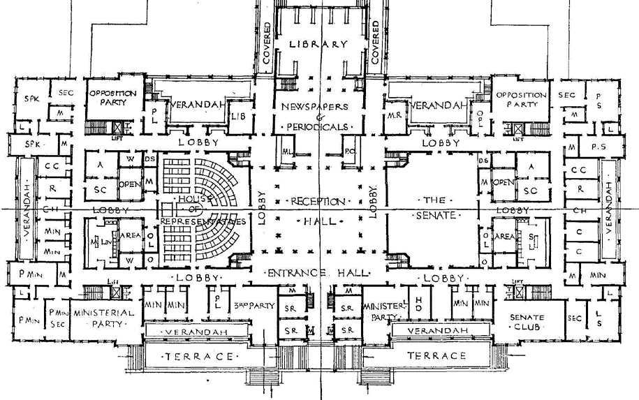 A hand drawn floor plan of Old Parliament House, Canberra