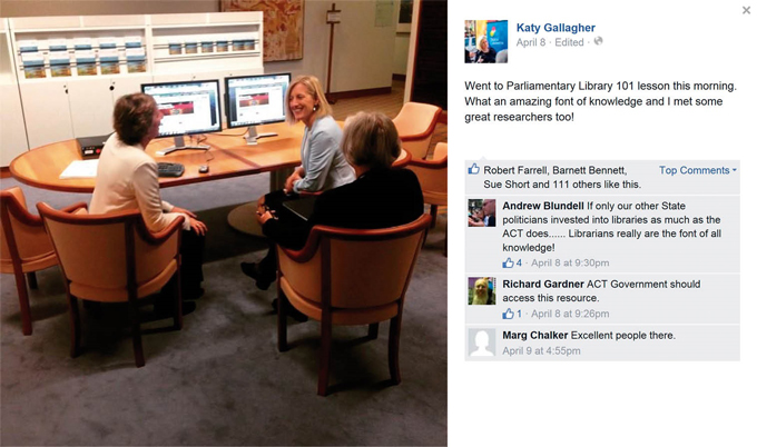 Screenshot from Katy Gallagher's Facebook profile showing a photo of Senator Gallagher sitting with Parliamentary Library staff, with her comment 'Went to Parliamentary Library 101 lesson this morning. What an amazing font of knowledge and I met some great researchers too!'
