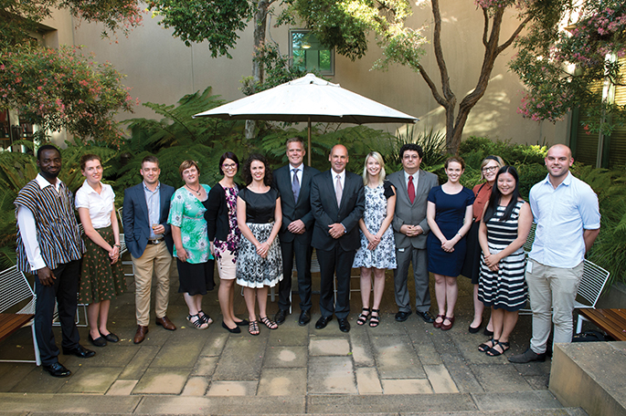 The 2016 Summer Scholars and the Australian Parliamentary Fellow with the Presiding Officers, February 2016