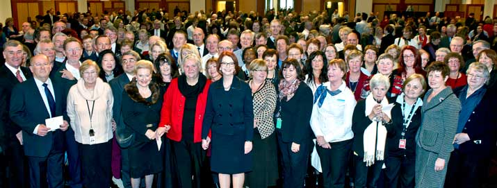 Prime Minister Julia Gillard with the Presiding Officers and attendees of the 25th Anniversary morning tea in the Great Hall, Parliament House