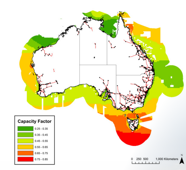 Figure 1: Map of Gross capacity factors for offshore wind around Australia