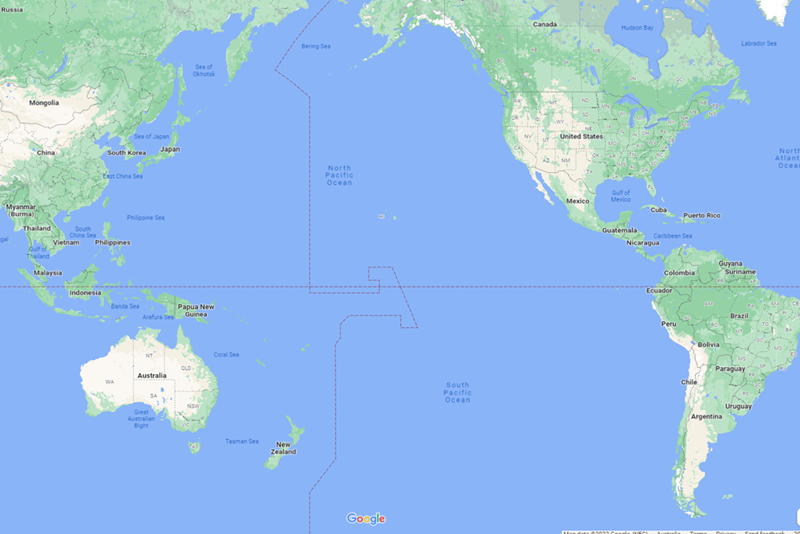Google maps image of New Zealand in relation to South America and China