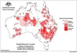 Map of Australia, showing Rainfall Deficiencies: 5 months, 1 April to 31 August 2018