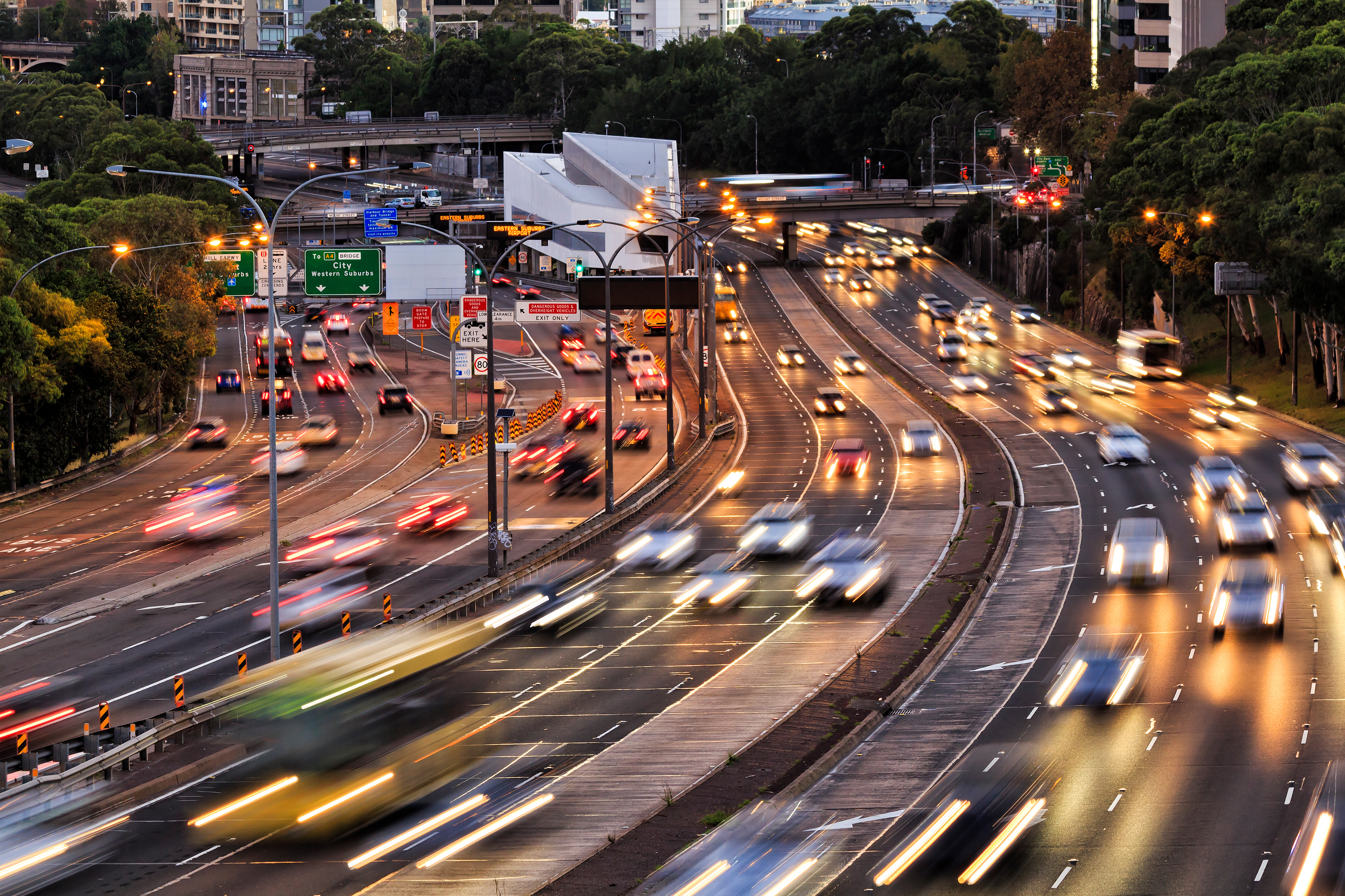 Sydney Warringah freeway rush hour traffic with blurred head lights at sunset