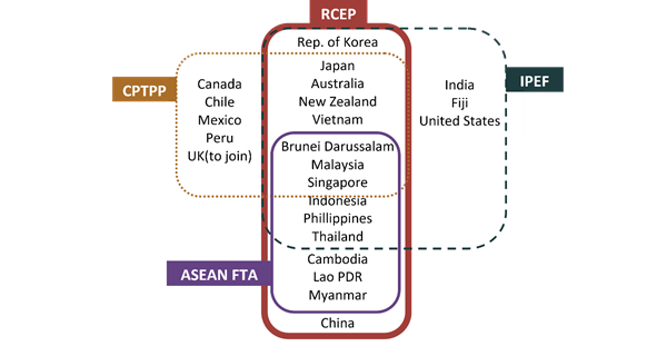 A diagram illustrating countries in the CPTPP, ASEAN FTA, RCEP and IPEF, highlighting overlapping memberships among various nations.