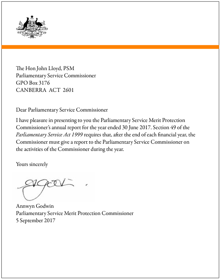 Parliamentary Service Merit Protection Commissioner Letter of Transmittal