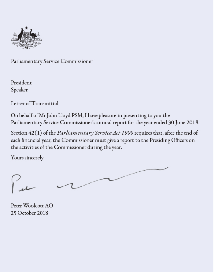 Parliamentary Service Commissioner Annual Report 2017-18 signed letter of transmittal