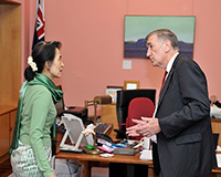 Aung San Suu Kyi in the Senate President's suite in Parliament House
