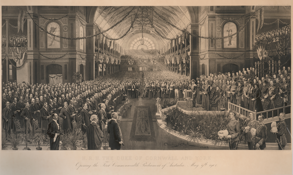 Photoengraving of the Duke of Cornwall and York opening the First Commonwealth Parliament of Australia by Charles Nuttall