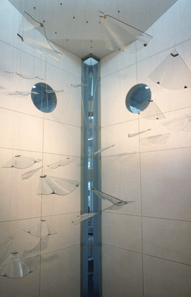 Maureen Cahill (born 1947) Suspended sculptural installation [Willy Willy] comprising 18 panels, (1986–1988).