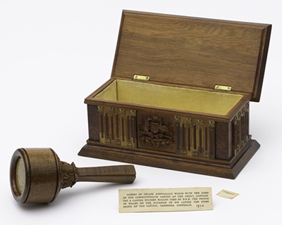 Walter Burley Griffin (1876-1937), N Redding, H. Goldman Manufacturing Co. (1911-1927), Mallet and casket used by Prince of Wales when laying foundation stone on Capital Hill in 1920 circa 1920, Official Gifts Collection, Parliament House Art Collections.