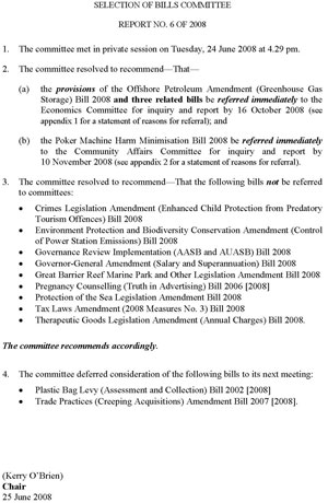 Selection of Bills Committee Report