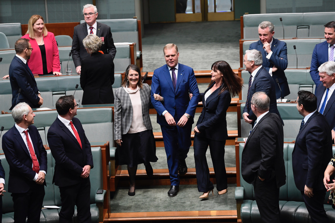 Former Speaker the Hon. Tony Smith being led to the Speaker’s Chair after being re-elected in the 46th Parliament