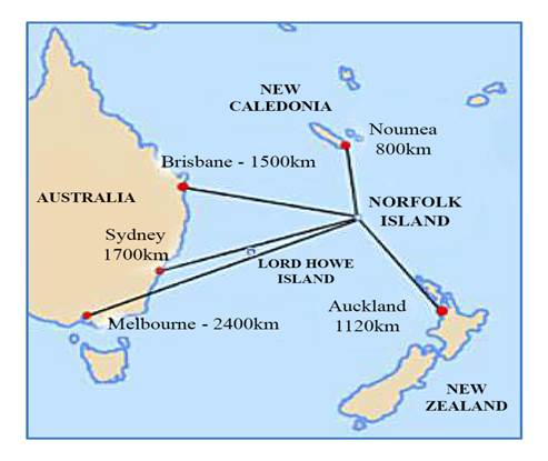 A map of Australia showing the distance from nearby Australian, New Zealand and New Caledonian cities.