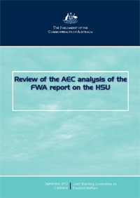Cover of the Report into the review of the AEC analysis of the FWA report on the HSU