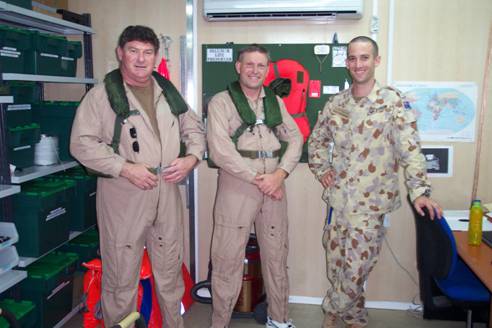 Figure 1.1 From Left Mr Kim Wilkie and Mr Cameron Thompson MP are briefed on P3C survival equipment prior to an operational mission over the Arabian Gulf and southern Iraq